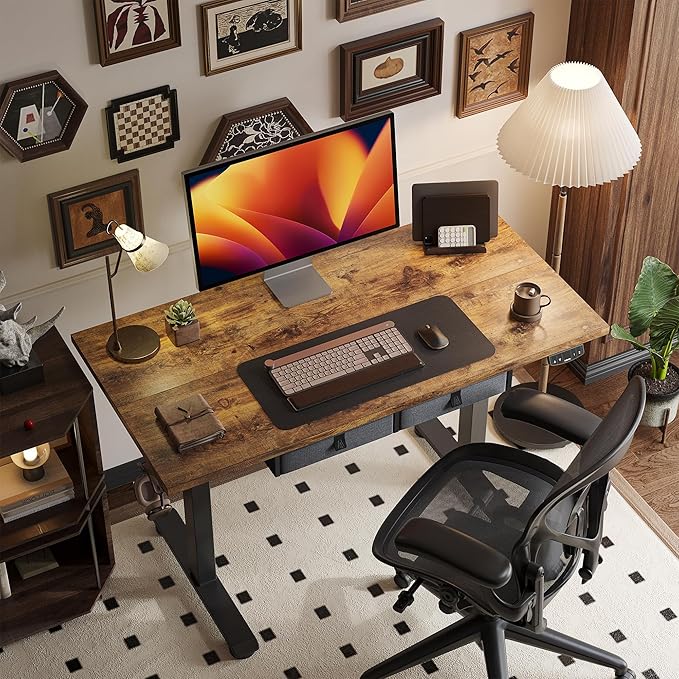 Agilestic Height Adjustable Desk with 2 Drawers, 55 x 24 Inches Electric Standing Desk, Stand up Computer Table with Memory Preset, for Work Office Home, Dark Brown