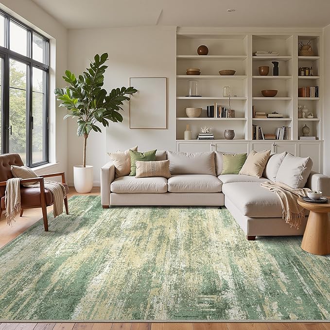 GENIMO 8x10 Area Rugs, Machine Washable Rugs for Living Room Low Pile, Modern Green Rug with Non-Slip Rubber Backing, Soft Pet Friendly Carpet for Bedroom, Dining Room, Office, Desert Dawn