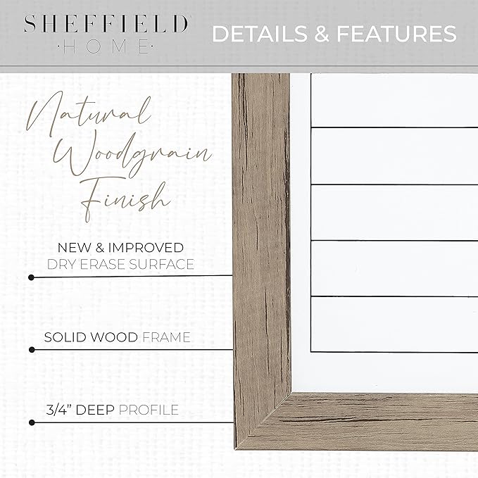Sheffield Home Set of Two Family Planner Dry Erase Boards Featuring, Chore Chart, Shopping List, Weekly Meal Planner and Notes, 9x21 Inch, Natural