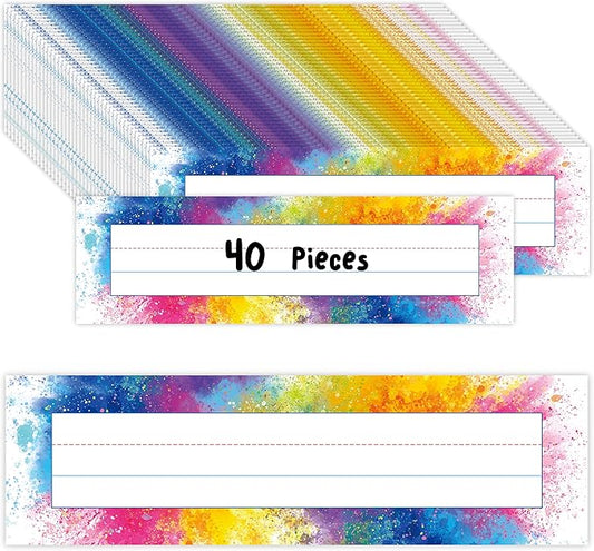 40PCS Desk Nameplates, Double Sided PET Film Desk Name Tags Student Name Labels Erasable & Reusable Traditional Manuscript Name Plates for School Classroom Organization (10” x 2.8”, Watercolor)