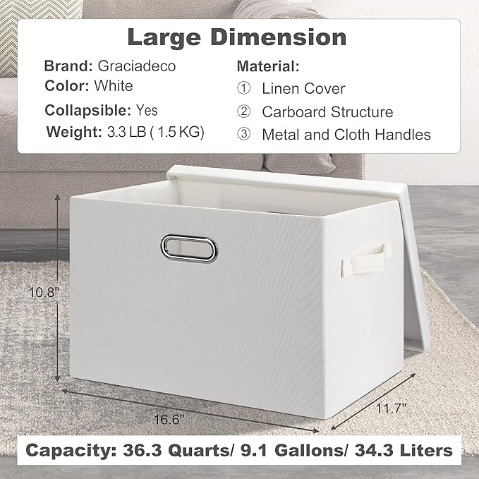 Graciadeco Large 17" 36 Quart Collapsible Stackable Storage Bins with Lids, 5 Packs White Linen Fabric Closet Boxes with Lids, Storage Cube Baskets Container Organizers for Bedroom Office(17 x12 x11)