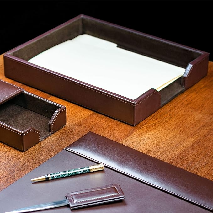 DACASSO Bonded Leather Desktop Letter Tray - Luxury Letter Holder & Paper Organizer for Desk - Office Organization & Executive Desk Decor - (Dark Brown)