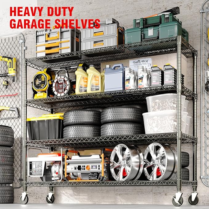 MilleLoom 72" H X 59 W X18 D Storage Shelves with Wheels, 4 Tier Wire Shelving Adjustable Metal Shelving Shelves Capacity 2640LBS Heavy Duty Shelf for Garage Shelving, Pantry, Kitchen, Commercial