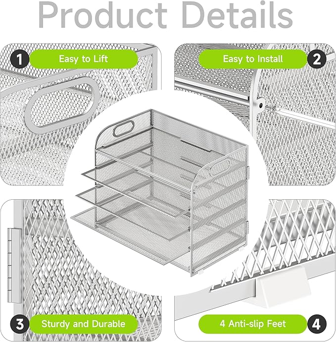 Cawukege 5 Tier Paper Organizer with Handle, Metal Mesh Desk Organizer File Folder Paper Letter Tray Desktop Document Sorter for Classroom, School, Office Accessories Organization and Storage - Silver