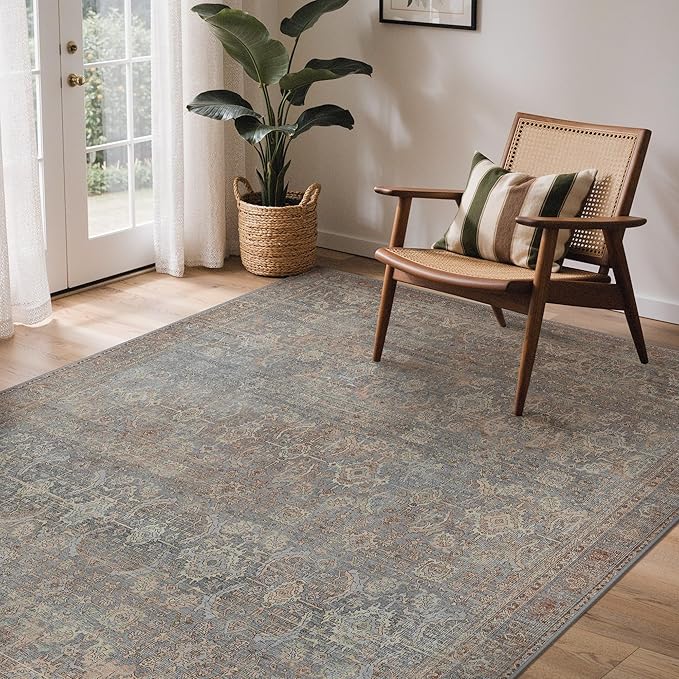 GENIMO 8x10 Area Rugs for Living Room, Machine Washable Non Slip Vintage Rugs, Low Pile Lightweight Chenille Print Rug for Bedroom, Dining Room, Home Office, Grayish Blue