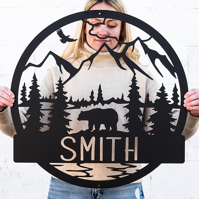 Wilderness Bear Cabin Name Sign | Mountain & Rustic Metal Bear | Personalized Outdoor Sign | Door Decor