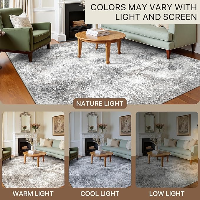 GENIMO Washable Area Rugs for Living Room, 8x10 Modern Non Slip Rugs, Low Pile Lightweight Soft Print Rug for Bedroom, Dining Room, Home Office, Grey