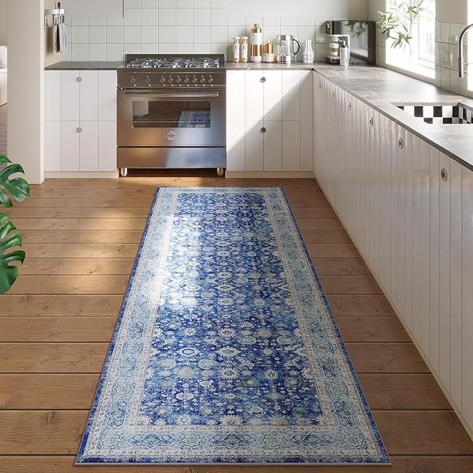 Rugcomf Runner Rug 2'6''x8' Hallway Washable Boho Soft Area Rug Non-Slip Faux Wool Vintage Rug for Kitchen, Entryway, Laundry, Bedroom, Indoor (Blue)