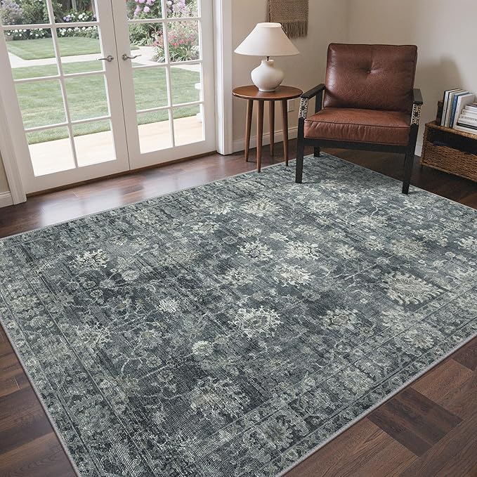 GENIMO 8x10 Area Rugs for Living Room, Machine Washable Non Slip Vintage Rugs, Low Pile Lightweight Chenille Print Rug for Bedroom, Dining Room, Home Office, Ashen Taupe