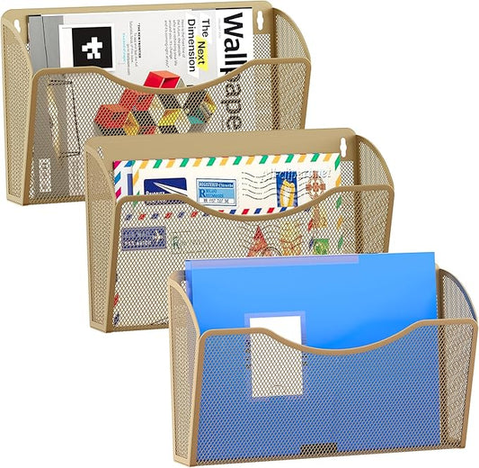 EasyPAG 3 Single Pocket Wall File Organizer, Mesh Hanging File Folder Organizer for Letter/A4 Size Folders, Wall Mounted Vertical Mail Holder for Paperwork, Office, Home, School, Gold