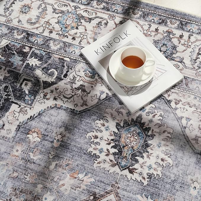 Rugcomf Vintage Medallion Kitchen Rugs Non Slip Washable 2'7"x8' - Low Pile Runner Rug, Boho Carpet for Hallways, Laundry, Bedroom, Bathroom - Grey and White