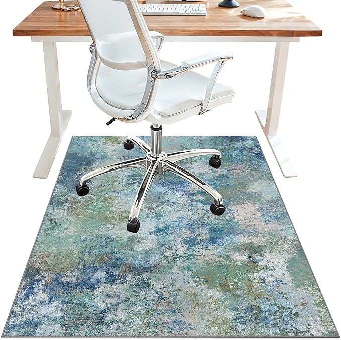 Office Chair Mat for Hardwood Tile Floor, Abstract 48"X 60" Desk Mats for Office Chair on Rolling Chairs Carpet, Desk Anti-Slip 1/5" Thick Rug for Computer Chair, Thin Low-Pile Floor Mat, Blue Green