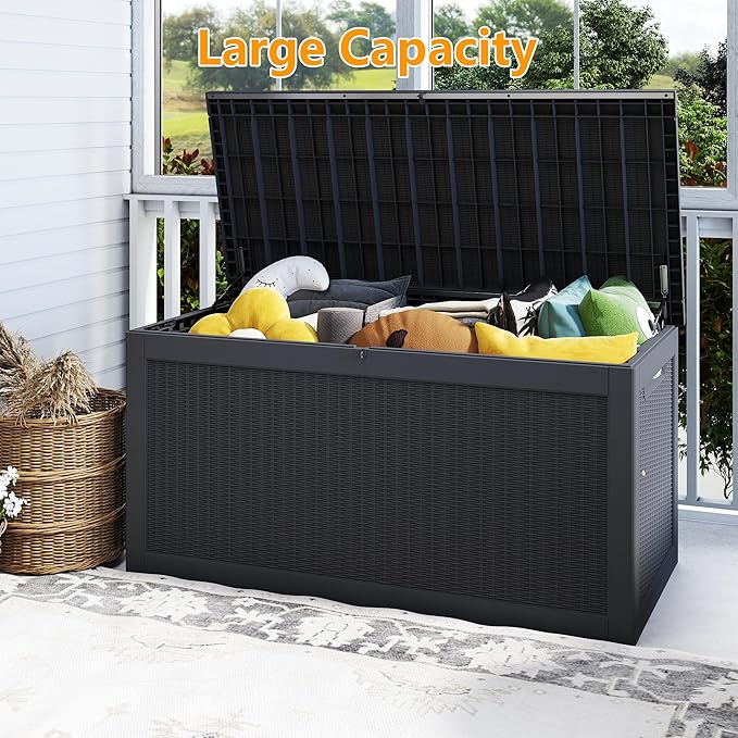 Yardgrace 320 Gallon Outdoor Storage Box Waterproof, Resin Deck Boxes with Lockable Lid & UV-Resistant for Patio, Pool, Garden Furniture Cushions & Accessories, Black