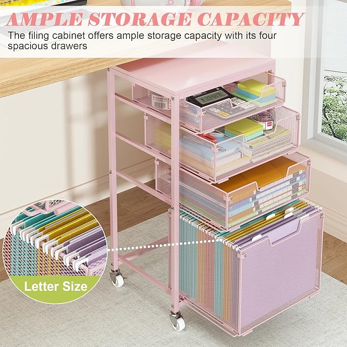 Sbanmao 4 Drawer Rolling File Cart Under Desk Storage, File Cabinets for Home Office, Mobile Filing Cabinet, Hanging File Organizer with Wheels, Utility Cart Printer Stand, Pink (Patent Pending)