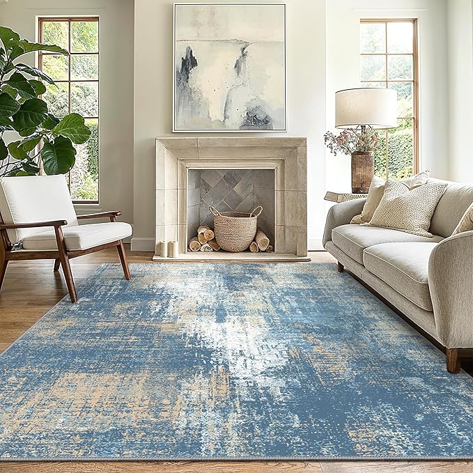 GENIMO Washable Area Rugs for Living Room, 8x10 Modern Non Slip Rugs, Low Pile Lightweight Soft Print Rug for Bedroom, Dining Room, Home Office, Washed Mist Blue