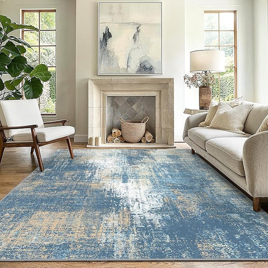 GENIMO Washable Area Rugs for Living Room, 8x10 Modern Non Slip Rugs, Low Pile Lightweight Soft Print Rug for Bedroom, Dining Room, Home Office, Washed Mist Blue