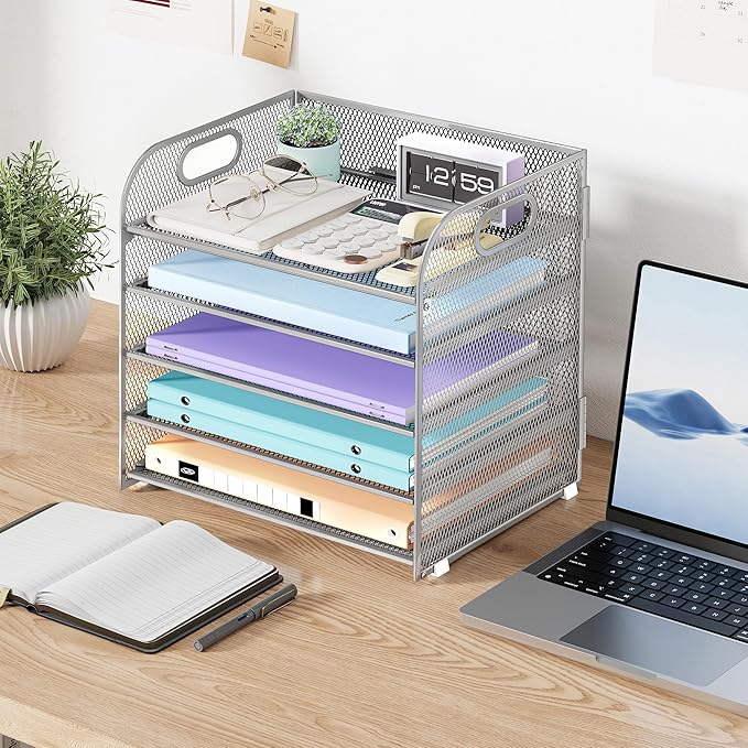 Cawukege 5 Tier Paper Organizer with Handle, Metal Mesh Desk Organizer File Folder Paper Letter Tray Desktop Document Sorter for Classroom, School, Office Accessories Organization and Storage - Silver