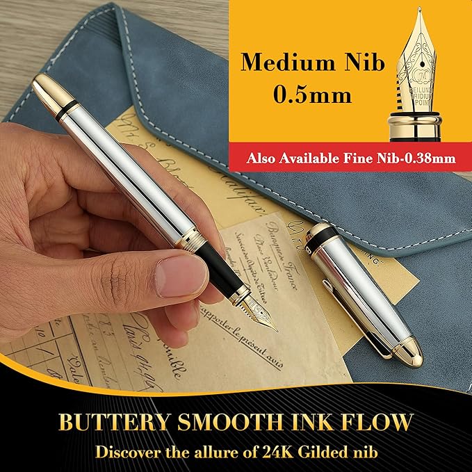 BEILUNER 315 Silver Chrome Fountain Pen,Stunning Luxury Pens with 24K Gold Accents, Gorgeous 24K Gilded Nib(Medium), Ink Converter,Fancy Pen Gift for Men&Women-Elegant, Office, Reliable, Nice Design
