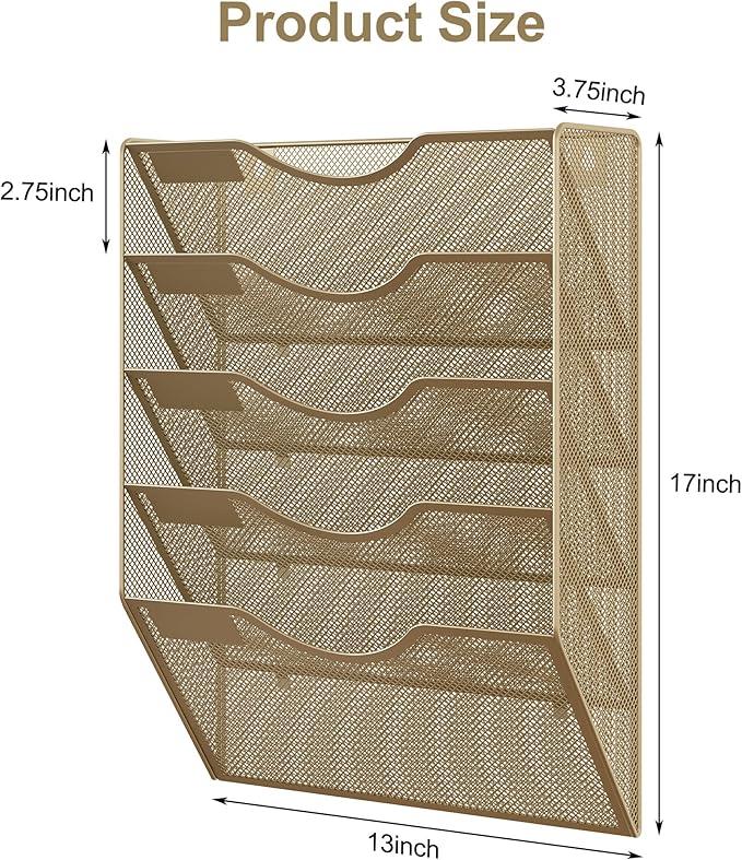 EasyPAG 5 Pocket Mesh Wall File Organizer, Hanging Paper Folder Holder with Classify Label, Vertical Wall Mount Mail Organizer for Office Home Classroom, Gold