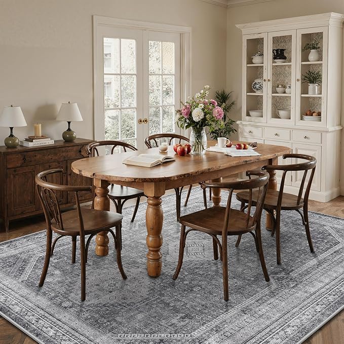 GENIMO 8x10 Area Rugs for Living Room, Machine Washable Non Slip Rugs, Low Pile Lightweight Print Rug for Bedroom, Dining Room, Home Office, Vintage Grey