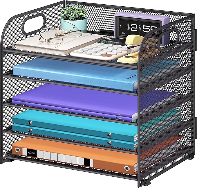 Cawukege 5 Tier Paper Organizer with Handle, Metal Mesh Desk Organizer File Folder Paper Letter Tray Desktop Document Sorter for Classroom, School, Office Accessories Organization and Storage - Grey