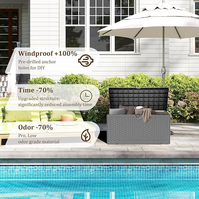 Yardgrace 80 Gallon Pro Resin Deck Box, Waterproof Outdoor Storage Bin for Patio, Poolside, and Garden, Lockable & UV-Resistant, Black