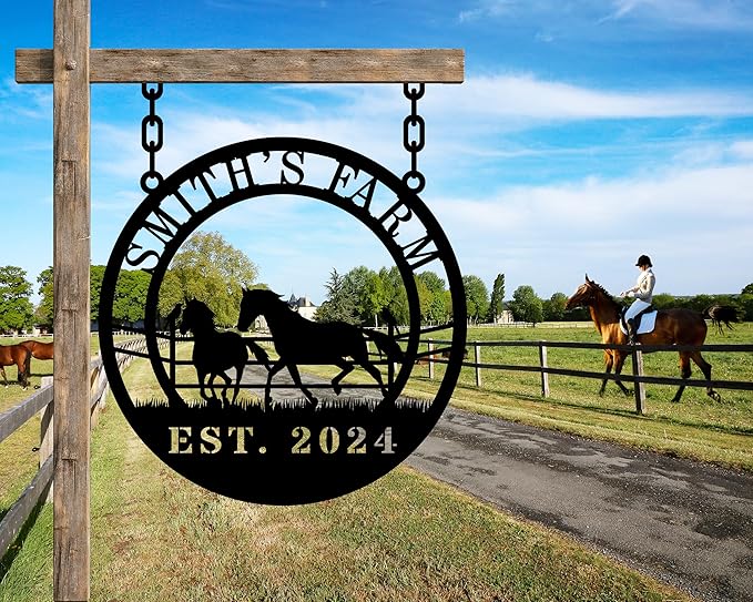 Personalized Horse Ranch Metal Sign Custom Farm Metal Wall Art Horse Name Sign Wall Decor Outdoor Farmhouse Decor Outdoor Equestrian Gift for Stable & Home