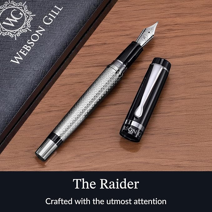Webson Gill ‘The Raider’ Silver Luxury Executive Fountain Pen, Polished Lacquer & Chrome, Medium Nib, Smudge Free No Bleed, Use Any Fountain Ink w/Included Converter, Fits Cartridges sold separately