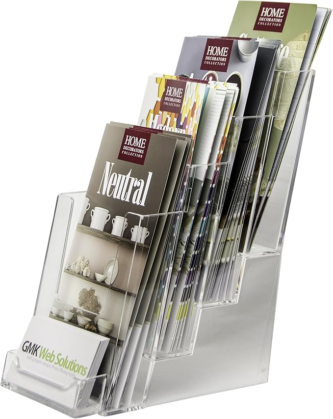 Clear-Ad - LHF-P104 - Acrylic Slant Back 4 Tier Trifold Brochure Display w/ Business Card Holder - Plastic Literature Holder for Flyers, Booklets, Bills, Mail, Letters, Cards, Pamphlets, Maps (2-Pack)