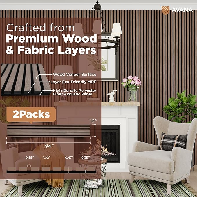 Avana Acoustic Wood Wall Panels – 94.4 X 12.6 Inch Walnut Acoustic Panels 2 PCs – Wall Panels For Interior Wall Decor For Homes, Offices, Studios – Sturdy And Durable Wood Panels For Wall