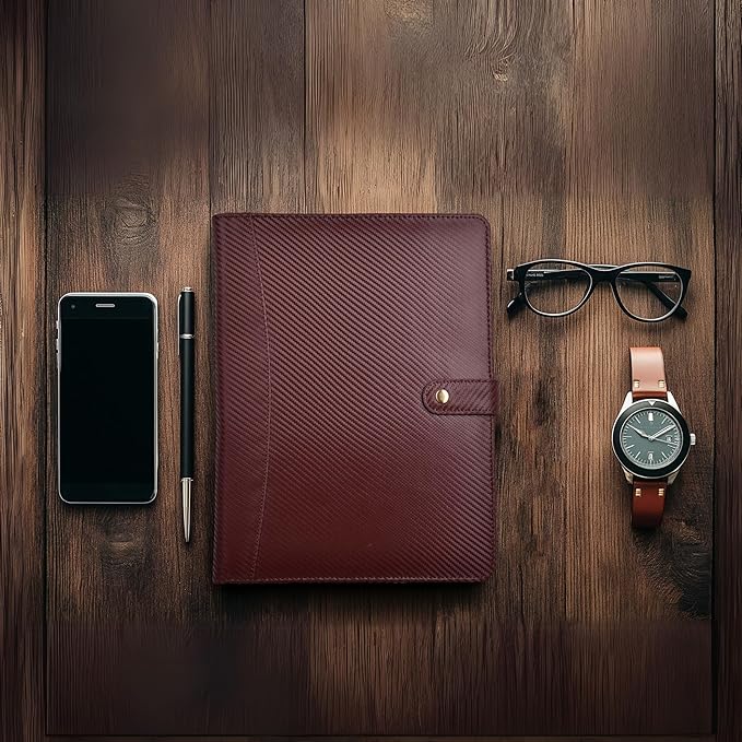 LEATHER VILLAGE Portfolio Professional Organizer– Carbon Fiber Genuine Leather Padfolio Resume Folder for A4 Letter Pad with Pen Holder, Business Card Slots & Writing Pad– Ideal for Men & Women-Brown