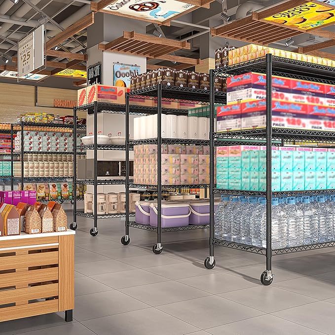 REIBII 60''W Storage Shelves 2399LBS Wire Shelving with Wheels Garage Shelving Heavy Duty Metal Shelves for Storage Rack Adjustable Shelf for Commercial Garage Kitchen, 60" W x 18" D x 65.5" H