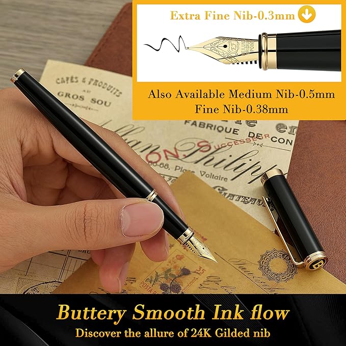 BEILUNER Black Fountain Pen,Stunning Luxury Pens with 24K Gold Accents, Gorgeous 24K Gilded Nib(Extra Fine), Fancy Pen Gift for Men&Women -Ink Converter-Elegant, Reliable,Christmas Presents, Nice Pen