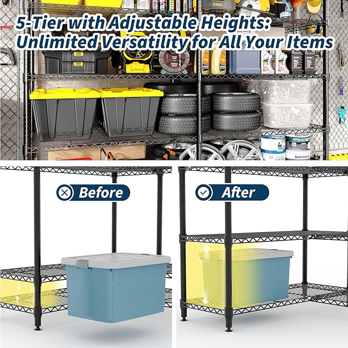 MilleLoom 5-Tier Storage Shelves, 60"W Metal Shelving Unit Heavy Duty Adjustable Garage Corner Wire Rack, H-Shaped/L-shaped Shelf for Kitchens, Pantry Rooms, Basement Storage,13.8"D x 60"W x 70.5"H