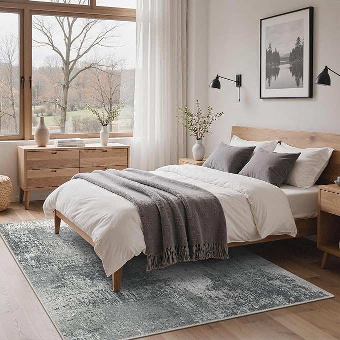 GENIMO Washable Area Rugs for Living Room, 8x10 Modern Non Slip Rugs, Low Pile Lightweight Soft Print Rug for Bedroom, Dining Room, Home Office, Washed Ink Grey White