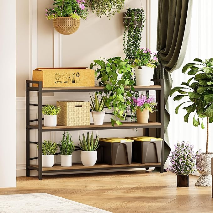 3 Tier Bookcase 47.24" Width, Long Industrial Book Shelf, Vintage Wooden Large Book Shelf for Home Living Room Bedroom Office Storage(Light Coffee)
