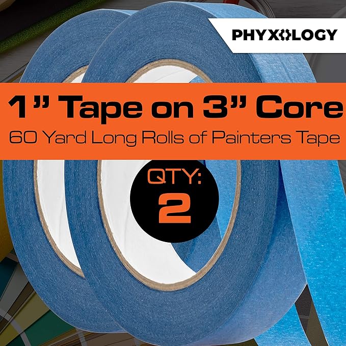 No-Residue 1 Inch, 60 Yard Blue Painters Tape 2 Pk. Easy-Tear, Pro-Grade Removable Masking Tape Great for Home, Office, Commercial Contractor. Clean, Drip-Free Painting with Wide Crepe Paper Rolls