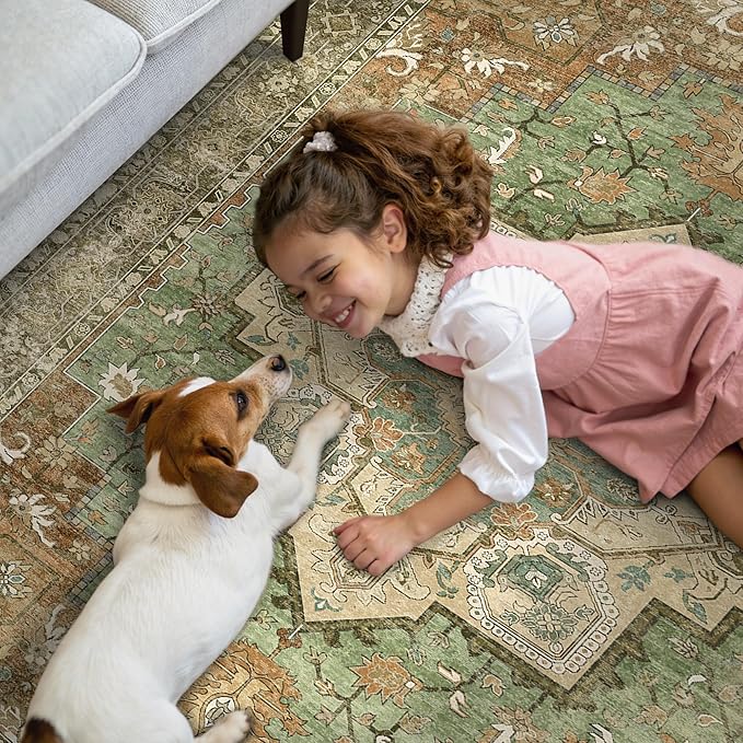 GENIMO 2'6"x6 Runner Rugs for Hallway, Machine Washable Non Slip Vintage Rugs, Low Pile Lightweight Soft Print Rug for enrtyway, Corridor, Home, Office, Kitchen, Muted Green Brown