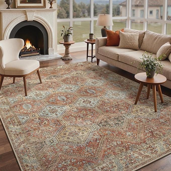 GENIMO 8x10 Area Rugs for Living Room, Machine Washable Non Slip Rugs, Low Pile Lightweight Print Rug for Bedroom, Dining Room, Home Office, Vintage Brick Red