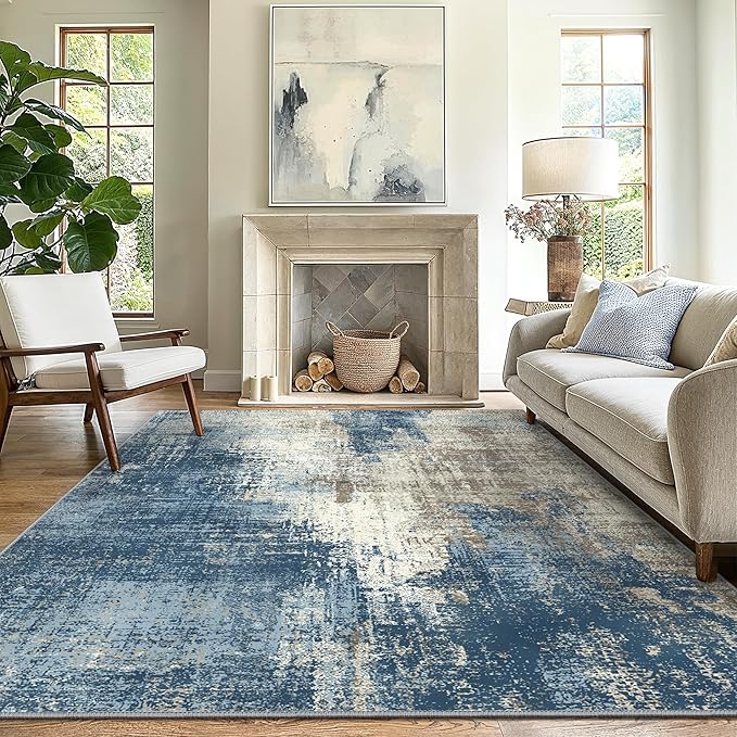 GENIMO Washable Area Rugs for Living Room, 10x12 Modern Non Slip Rugs, Low Pile Lightweight Soft Print Rug for Bedroom, Dining Room, Home Office, Washed Slate Blue