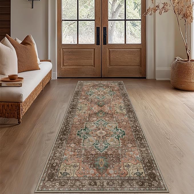 GENIMO 2'6"x8 Runner Rugs for Hallway, Machine Washable Non Slip Vintage Rugs, Low Pile Lightweight Soft Print Rug for enrtyway, Corridor, Home Office, Kitchen, Rosewood