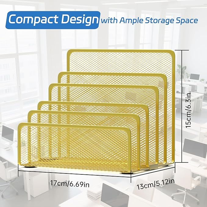 ReePlan Mail Organizer Countertop with 5 Slot, Metal Mail Holder for Desk, File Holder Letter Sorter for Envelope, Bill and Document (Gold)