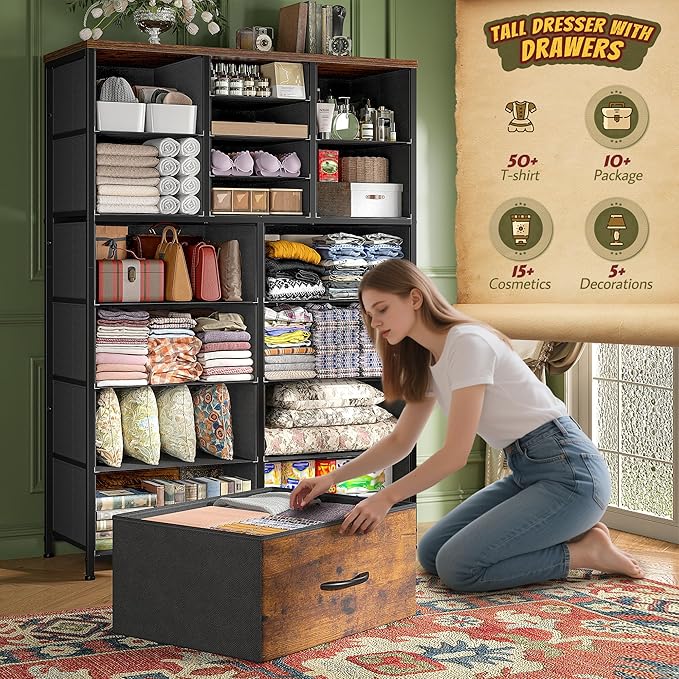 Romorgniz 57“H Dresser for Bedroom with Multiple Drawers, Fabric Dressers & Chests of Drawers for Bedroom,Large Dresser, Sturdy Metal Frame & Wood Top,Entryway, Hallway(Rustic Brown)
