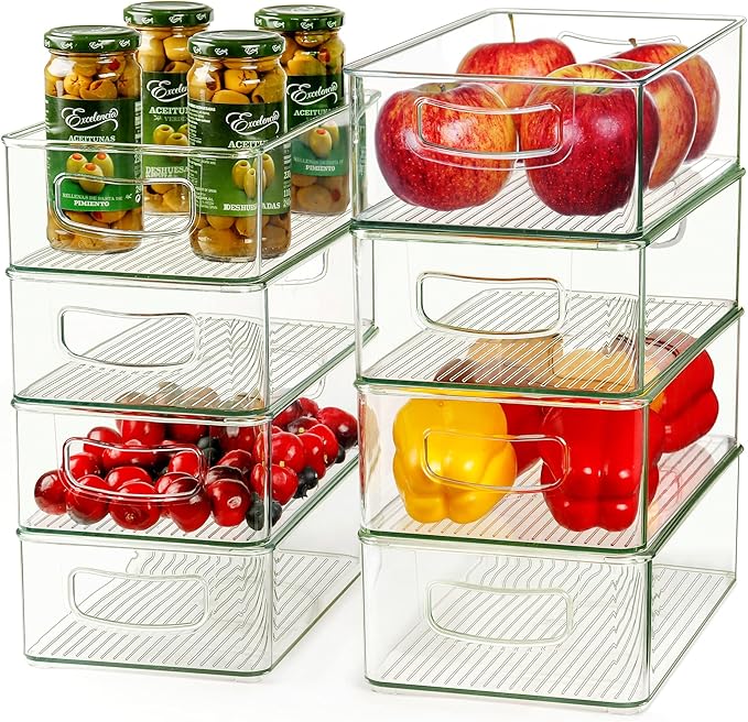 Hudgan Clear Storage Bins 8 Packs for Refrigerator, 4 Large Stackable Pantry Organizer Bins and 4 Medium Storage Plastic Containers for Home Edit, Kitchen, Freezer, Bathroom, Drawers, Shelves