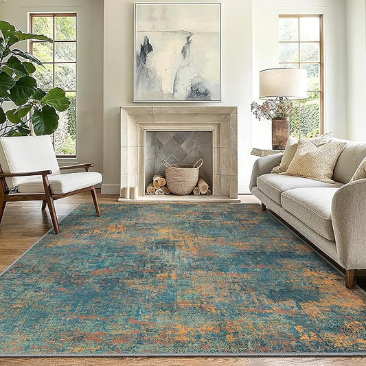 GENIMO Washable Area Rugs for Living Room, 10x14 Vintage Non Slip Rugs, Low Pile Lightweight Soft Print Rug for Bedroom, Dining Room, Home Office, Dark Blue Green