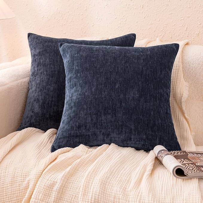 Amazon Basics Chenille Throw Pillow Covers, Home Decor Cushion Cover for Bedroom Living Room Couch Bed, 22" W × 22" L, Navy Blue