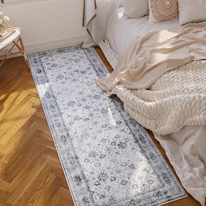 Rugcomf Runner Rug 2'6''x8' Hallway Washable Boho Soft Area Rug Non-Slip Faux Wool Vintage for Kitchen, Entryway, Laundry, Bedroom, Indoor (Grey and White)