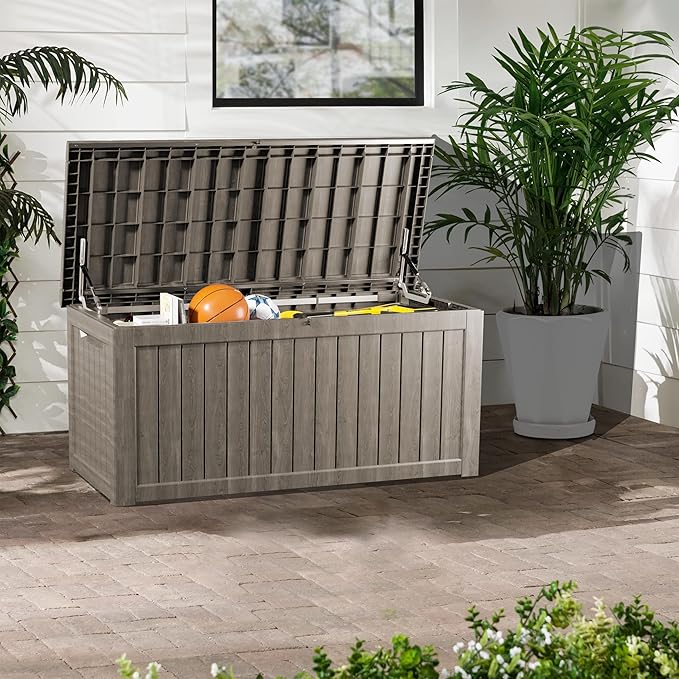 Yardgrace 270 Gallon Heavy Duty Outdoor Storage Box - Extra Large Package Protection for Outside Deliveries, Patio Storage Bench & Resin Deck Chest with Lock, UV-Resistant, Slate Grey