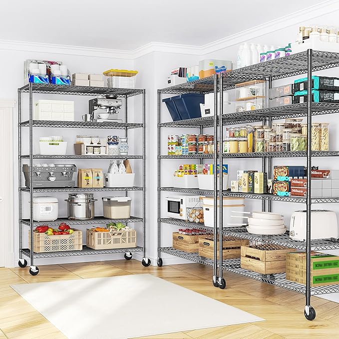 Romorgniz 82" H X45 W X18 D Storage Shelves with Wheels, 6 Tier Wire Shelving Adjustable Metal Shelving Pantry Shelves Capacity 1200LBS for Garage Shelving, Pantry, Kitchen, Closet, Black,2P