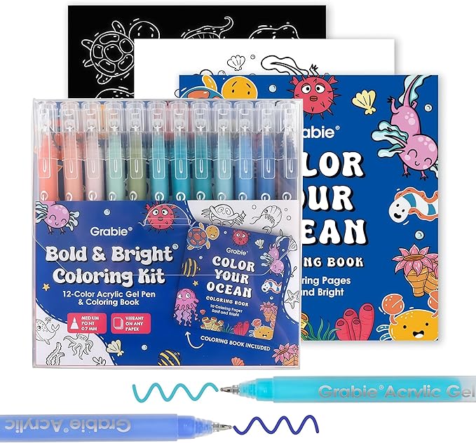 Grabie 12Colors Acrylic Gel Pens&Coloring Book, Medium Point Colored Gel Pens, Acrylic Gel Ink Pen Assorted Colored for Drawing, Note Taking, Bold&Bright Coloring Kit, Set of 12 (Ocean Colors)